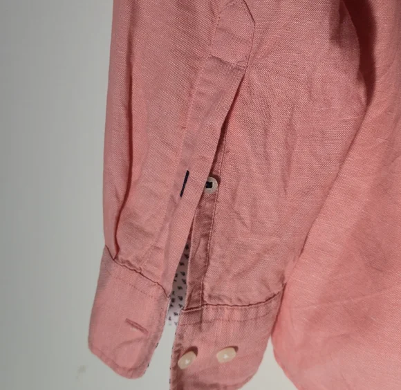 Old Khaki Large Salmon Pink Linen Cotton Blend Button Down Floral Trim Shirt L - Picture 5 of 9